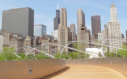 Gehry Bridge with Chicago and the Trellis in the Backdrop Millennium Park Chicago